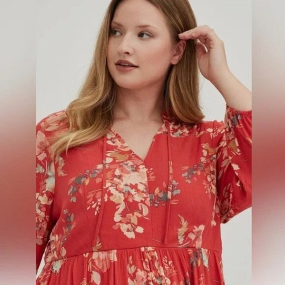 725-11 NWT Torrid Red Coral Floral Crinkle Gauze Knee-length Dress Sz 1 14/16 - Picture 4 of 11